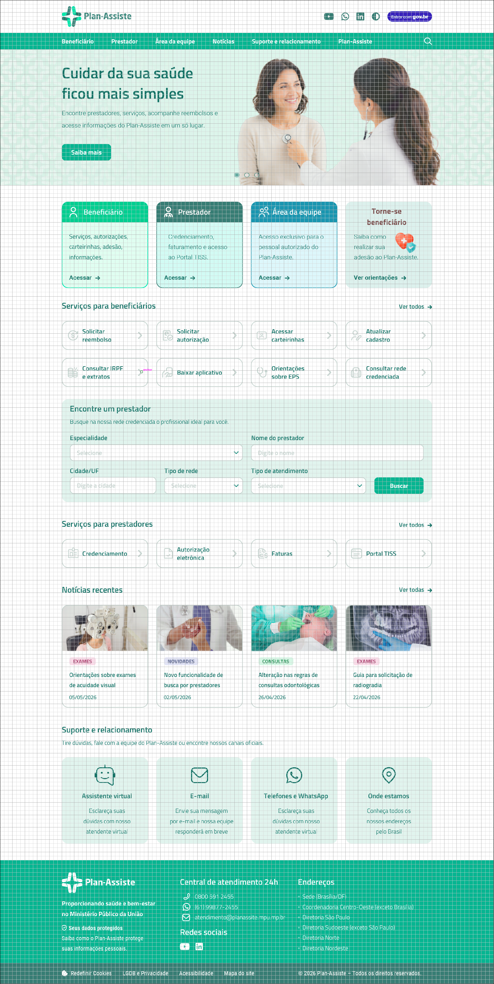 Página inicial do Portal Plan-Assiste com malha de 16px sobreposta, demonstrando o grid de 1440px e quatro colunas.